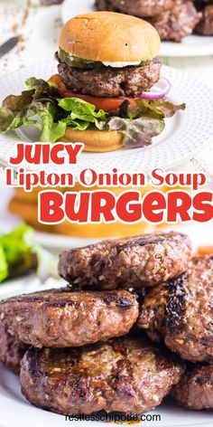 juicy lipton onion soup burgers with lettuce and tomato on the side