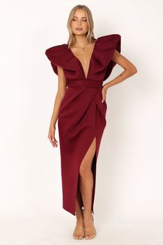 Augie Frill Shoulder Maxi Dress - Burgundy - Petal & Pup USA Wedding Swimwear, Satin Dresses Long, Satin Dresses Long Sleeve, Plunging Neck Dress, Winter Wedding Guest Dress, White Dress Shoes, Fall Wedding Guest Dress, Resort Dresses, Essential Dress