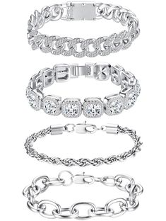 PRICES MAY VARY. Stackable Silver Chain Bracelet: Elevate your style with silver bracelet stack, a set of four dainty thick silver bracelets for women designed for versatility. This womens bracelet set includes a dazzling silver simulated diamond tennis bracelet, an iced out cuban link bracelet, a chunky oval link bracelet, and a stylish rope chain bracelet. Wear womens silver bracelets individually for a subtle touch or stack them to create a layered, trendy look. Silver Bracelet Set Materials: Chunky Silver Bracelet, Gold Layered Bracelets, Bracelet Thick, Gold Bracelets Stacked, Dainty Gold Bracelet, Womens Bracelet, Armband Gold, Gold Bracelet Set, Silver Bracelets For Women