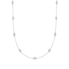 Ross-Simons - 1.00ct t. w. Bezel-Set Diamond Station Necklace in 14kt White Gold. 16". A jewelry box essential in your choice of four lengths - perfect for layering! With 1.00 ct. t. w. round brilliant-cut diamond bezels dotting the 14kt white gold cable chain, this necklace exudes timeless appeal and continuous twinkle. Lobster clasp, diamond station necklace. Diamond birthstones are the perfect gift for April birthdays. Classic Platinum Necklace With Bezel Setting, Classic White Gold Station Necklace In Sterling Silver, Classic White Gold Station Necklace For Formal Occasions, Classic Round Station Necklace For Formal Occasions, Classic Station Necklace For Formal Occasions, Classic Round Diamond Station Necklace, Classic Brilliant Cut Station Necklace As Gift, Classic Formal Station Necklace, Classic Formal Station Necklace With Bezel Setting