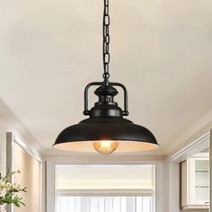 a black light fixture hanging from the ceiling in a kitchen with white walls and windows