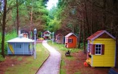 there are many small houses in the woods with trees on each side and a path leading to them