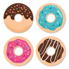 four donuts with different frosting and sprinkles