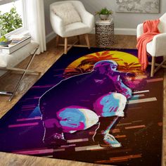 a living room area rug with an image of a man on the floor and two chairs