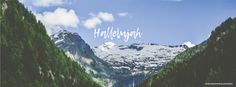 the mountains are covered in snow and green pine trees, with the word hallevah written over them