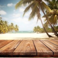 an empty wooden table in front of palm trees on the beach with a view of the ocean