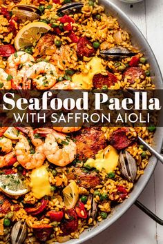 seafood paella with saffron aioli in a skillet