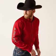 Cranberry Crimson Team Logo Ariat Shirt Ariat Shirt, All Weather Boots, Fitted Shirt, Red Shirt, Western Shirts, Western Outfits, Shirt Sale, Paisley Print, Team Logo