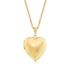 Ross-Simons - Plain - 14kt Yellow Gold Heart Locket Necklace. 20". Make her day with our luxe symbol of love! Crafted in polished 14kt yellow gold, our heart locket necklace is a timeless choice for so many occasions. Fits a 5/16" x 3/8" photo inside. Suspends from a rope chain. Springring clasp, 14kt yellow gold heart locket necklace. Classic Locket Jewelry For Valentine's Day, Classic Pendant Locket Necklace For Valentine's Day, Elegant Yellow Gold Locket Necklace For Valentine's Day, Yellow Gold Heart Pendant Locket Necklace For Anniversary, Anniversary Yellow Gold Heart Pendant Locket Necklace, Classic Heart Shaped 14k Gold Locket Necklace, Classic 14k Gold Heart Locket Necklace, Yellow Gold Heart Cut Locket Necklace For Anniversary, Valentine's Day Yellow Gold Locket Necklace For Anniversary