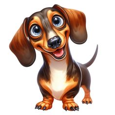 a cartoon dachshund dog with big blue eyes and brown hair is smiling at the camera