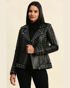 Black Studded Leather Jacket, Leather Jacket For Women, Leather Jackets Online, Studded Leather Jacket, Lambskin Leather Jacket, Jacket For Women, Studded Leather, Leather Jackets Women, Jackets Online