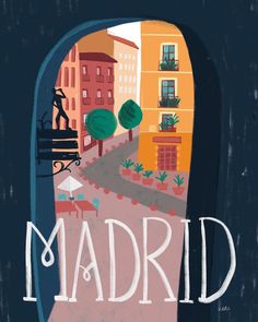 the cover of madrid, with an image of a street and buildings in the background