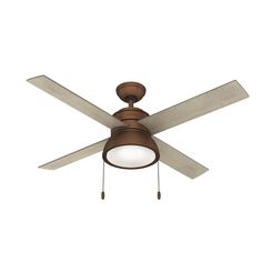 a ceiling fan with a light hanging from it's center blade and two blades