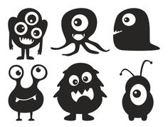 four different types of monsters with big eyes and long legs, all in black on white