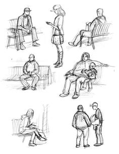 sketches of people sitting on benches and talking