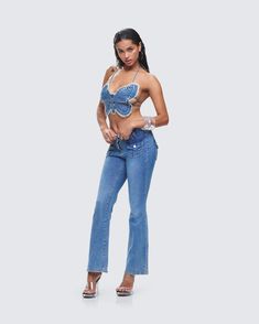 The Y2K jeans of your dreams 💅 With a low rise fit, these denim jeans are the perfect timeless pair for when you want to bring a little extra flare to the occasion 💙 Y2k Mid-rise Denim Blue Flare Jeans, Medium Wash Mid-rise Jeans For Night Out, Y2k Style Denim Flare Jeans, Y2k Dark Wash Flare Jeans, Mid-rise Medium Wash Jeans For Night Out, Mid-rise Denim Jeans For Party, Y2k Flare Denim Jeans, Mid-rise Denim Jeans For Night Out, Summer Denim Flare Jeans For Night Out