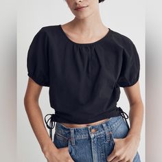 Crafted In Crinkled Cotton Poplin, This Puff-Sleeve Crop Top Has An Elasticized Jewel Neckline, Adjustable Cutouts At The Sides And Buttons At The Back. Crop Length: Designed To Hit Low On The Ribcage And Show A Hint Of Skin. Body Length From High Point Of Shoulder: 19 1/2". Cotton. Do Well: By Buying Cotton Products From Madewell, You're Supporting Our Investment In Better Cotton's Mission To Help Cotton Communities Survive And Thrive While Protecting And Restoring The Environment. This Product Madewell Shirts, Cutout Crop Top, Vest Crop Top, Puff Sleeve Crop Top, Popover Shirt, Jewel Neckline, Cropped Tube Top, Sleeveless Crop Top, Plaid Tops