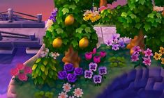 an animated scene with flowers and trees