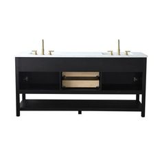 the double sink vanity is black with two gold faucets on each one side