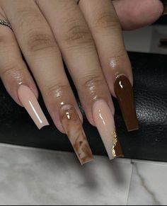 Brown Encapsulated Nails, November Long Nails, Professional Office Nails Classy, Cute Brown Nails Acrylic, Brown Medium Nails, Fall Baddie Nails Brown, French Tip Nails Baddie, Brown Nails Design Coffin, Brown Square Nails Design