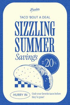 Highlight your summer taco deals with this retro-inspired editable signage template! Perfect for promoting discounts and seasonal specials, this design features bold typography and playful illustrations to attract customers. Customize it easily to suit your branding and offers! __ #kittl #kittldesign #kittlai #signs #signages #illustration #graphicdesign #designtool #vectordesign #designinspiration Sidewalk Sign, Summer Savings, Bold Typography, Signage Design, Event Poster, Food Poster, How To Attract Customers, Marketing Plan, Sign Design