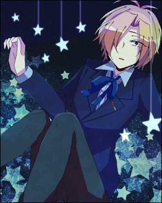 an anime character sitting on the ground with stars in the sky behind her and one hand up