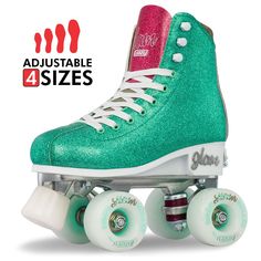 TEAL GLITTER Pink Roller Skates, Disco Glam, Quad Skates, Rolled Collar, Glitter Boots, Metal Lace, Teal And Pink, Roller Skate, Roller Skates