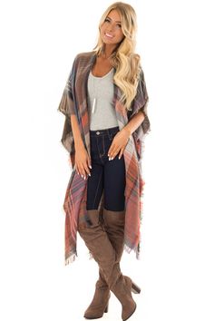 Rust and Mocha Plaid Long Cardigan with Frayed Detail Long Cardigan, Cute Tops