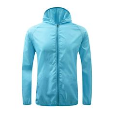 a light blue rain jacket with hood and zippers on the chest, front view