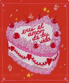 a pink cake with cherries on it and the words happy birthday written in spanish