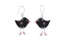 Whimsical Playful Quirky Fun Earrings, Hand Painted Stainless Steel, Artisan Dangle Beaded Black Bir Black Enamel Earrings, Pierced, Black Enamel Pierced Earrings, Handmade Black Enamel Earrings, Black Enamel Nickel-free Earrings, Whimsical Black Jewelry For Gifts, Whimsical Black Earrings With Ear Wire, Whimsical Black Drop Earrings, Nickel-free Black Enamel Jewelry, Funny Jewelry