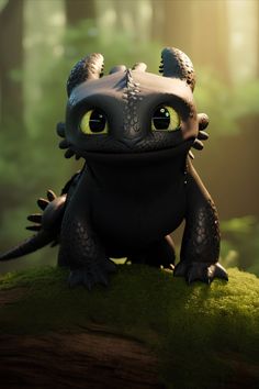 a small black dragon sitting on top of a lush green field