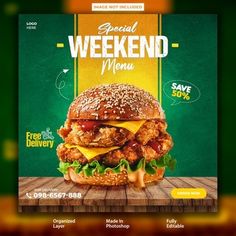 an advertisement for a burger restaurant with chicken and cheese on the bun, in front of a green background