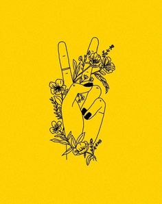 a drawing of a hand making the peace sign with flowers and leaves around it on a yellow background