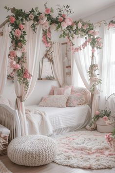 a bedroom decorated in pink and white with flowers on the bed, rugs and curtains