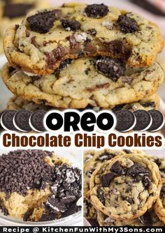 oreo chocolate chip cookies stacked on top of each other with the title above it