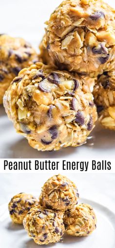 peanut butter energy balls are stacked on top of each other and ready to be eaten