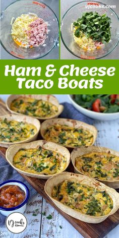 ham and cheese taco boats on a cutting board