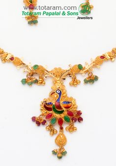 22 Karat Gold Peacock Necklace & Drop Earrings set with Beads , Ruby & Emeralds - 235-GS1045 - in 20.450 Grams for USD $1693.65. 
Made in India by Totaram Jewelers Online this product is in Gold - 22 Karat BIS Hallmark 916 KDM Gold  & is an excellent gift for Adult - Women. Ships fully insured with secured guaranteed delivery for free with your order over $250 from New Jersey USA & comes with 30 days exchange policy. Yellow Gold Jewelry With Peacock Design For Celebration, Festive Formal Necklace With Peacock Design, Gold Jewelry With Peacock Design For Diwali, Gold Jewelry With Peacock Design For Festivals, Formal Round Jewelry With Peacock Design, Gold Plated Jewelry With Peacock Design For Festivals, Green Jewelry With Peacock Design For Festivals, Formal Peacock Design Necklace For Festivals, 22k Gold Jewelry With Peacock Design For Festive Occasions