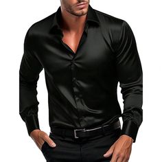 Lapel Collar Dress Shirt Men's Satin Button-down Cardigan for Office Business Wear Slim Fit Long Black Satin Shirt, Bow Tie Suit, Lapel Top, Satin Noir, Business Tops, Satin Shirt, Prom Dresses Long With Sleeves, Mens Spring, Slim Fit Shirt