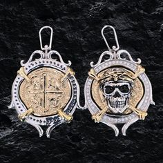 This is truly a unique and striking piece of jewelry. It's a reversible pendant, with a "twist" bale so the sides can easily be changed without taking the pendant off. On one side is a stunning pirate and crossbones  in solid sterling silver and 14kt gold overlay surrounded by white sapphires. On the other side is a piece of historical atocha silver, made from the silver bars recovered from the Atocha and also comes with a certificate of authenticity stating that. I use a 14kt gold vermeil finis Unique Collectible Coin Shaped Jewelry, Pirate Coin Necklace, Collectible Engraved Coin-shaped Jewelry, Ancient Bronze Coin Pendant Jewelry, Antique Coin-shaped Metal Jewelry, Pirate Gold Coins, Greek Coin Pendant, Treasure Coin, Coin Jewelry