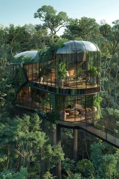 an artist's rendering of a tree house in the middle of a forest with lots of trees