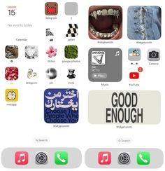 an iphone screen with various stickers on it and the words good enough written in different languages