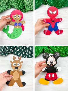 handmade paper cut out of mickey mouse, spiderman and other cartoon character characters