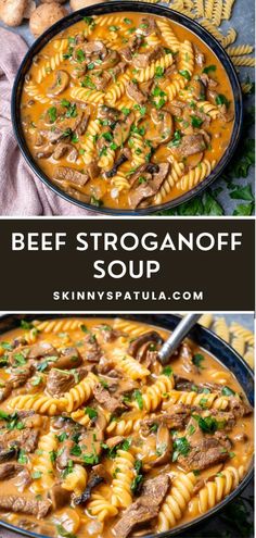 beef stroganonoff soup in a bowl with noodles and parsley on the side