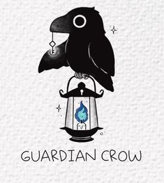 a black bird sitting on top of a cage next to the words, guardian crow