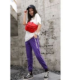 FREE SHIPPING Women Striped Jogger Pants JKP1809 Casual Purple Joggers With Pockets, Casual Purple Sports Pants, Casual Purple Ankle-length Pants, Trendy Purple Sports Bottoms, Sweat Hoodie, New Pant, Pleated Pants, Style Streetwear, Sport Pants