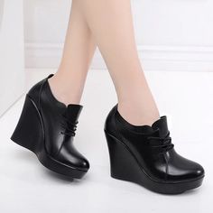 Lace Up Wedges Heel Boots - Golden Atelier Black Office Shoes, High Heels Black, Wedges Shoes, Black Office, Lace Up Wedges, Office Shoes, Super High Heels, Black Wedges, Heels Black