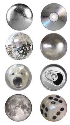 various disco balls and cds are shown in this image