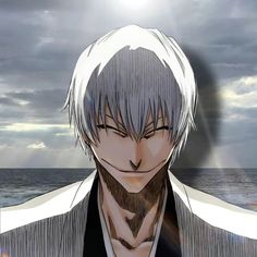 an anime character with white hair standing in front of the ocean